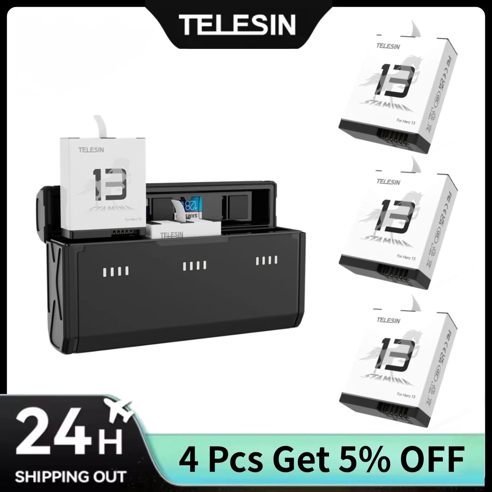 Gopro Action Camera Hero 13 Black - TELESIN ポータブル急速充電ボックスと耐久バッテリーセット Gopro Hero 13 ブラック用